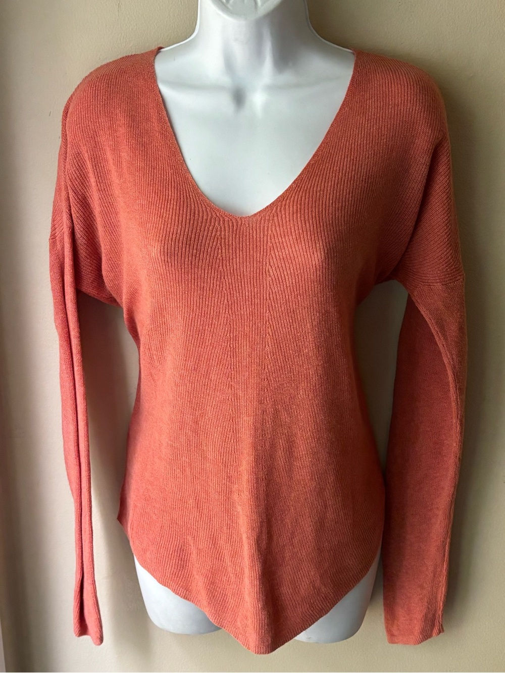 Lou & Grey LOFT Terracotta Coral Ribbed V-Neck Sweater M 100% Cotton